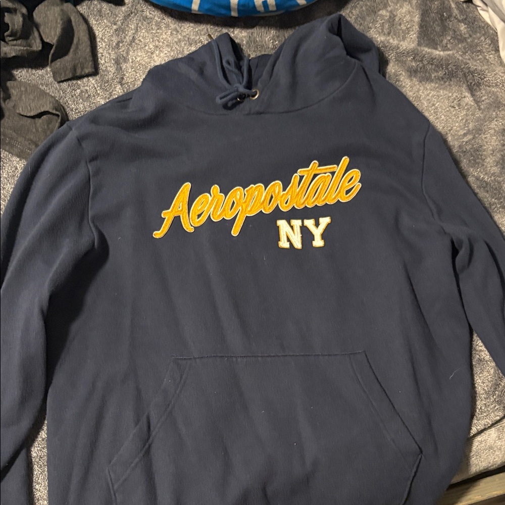 Aeropostale Men's Dark Blue Hoodie with Yellow Logo